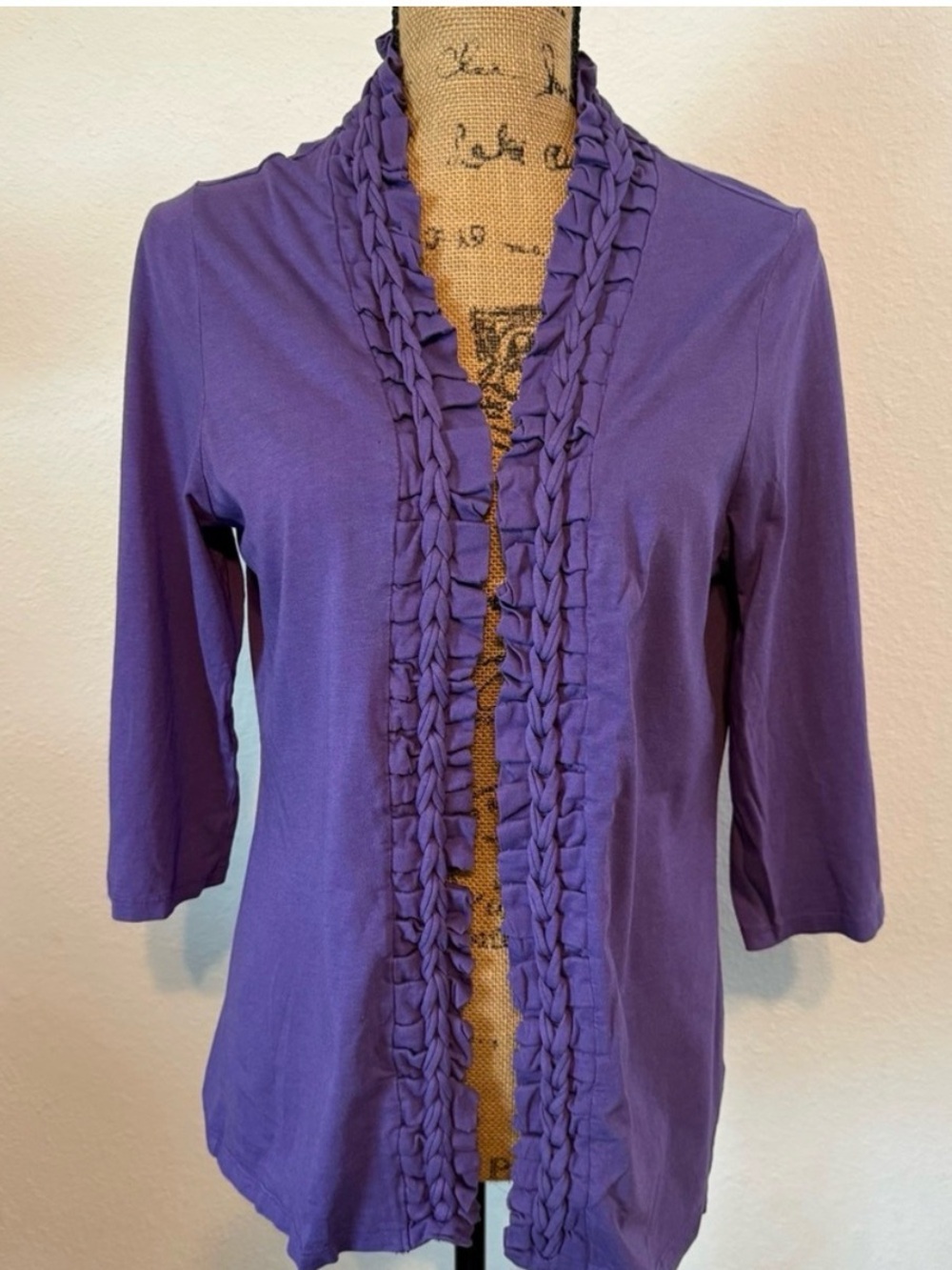 Coldwater Creek Purple Ruffled Front 3/4 sleeves open front cardigan medium